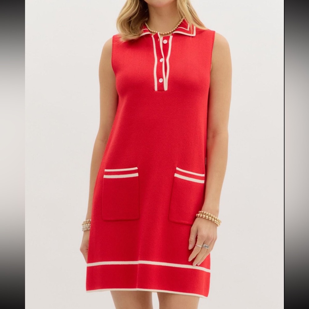 Entro Red and White Collared Dress with Sporty Details